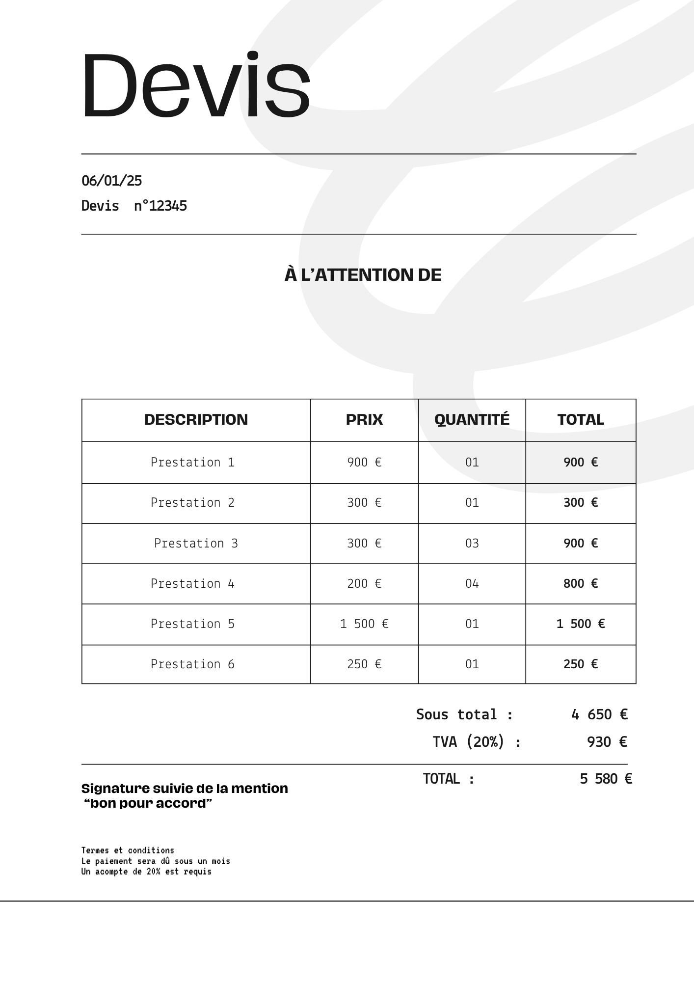 Exemple de devis et de facture